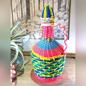 Vintage Scoubidou Vinyl Wicker Wrapped Bottle Colorful Decanter